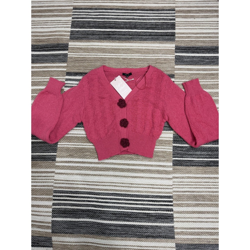 Love Tree Cardigan Sweater Women's Medium Pink Crochet Flower Button Crop Knit